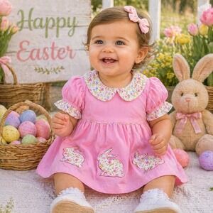 Smocked Chic Dress Girls Pink Easter Bunny Floral Peter Pan Collar Puff 6/9 baby